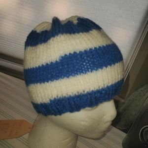 Blue & white striped hand knit beanie